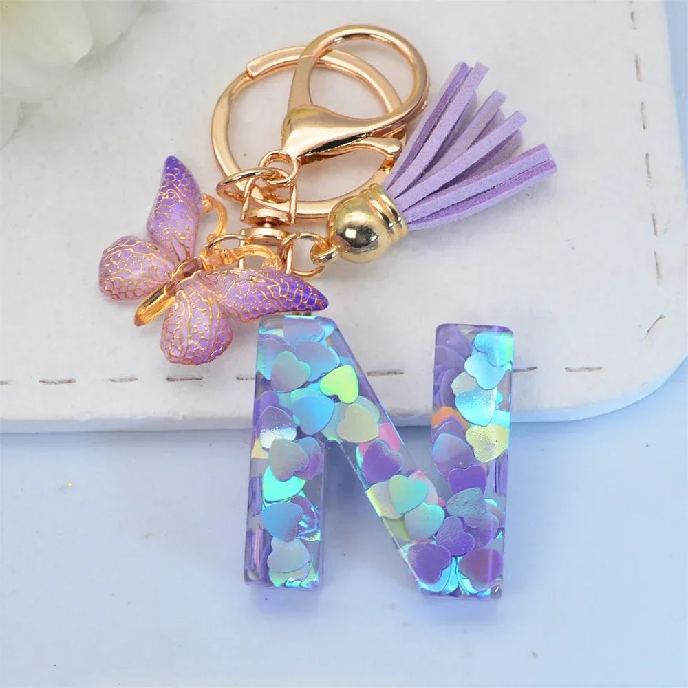 Purple Sequin Filled Name Keychain Butterfly Tassel 26 Alphabet Initials Keyrings Purse Wallet Handbag Ornament Women Girls Gift