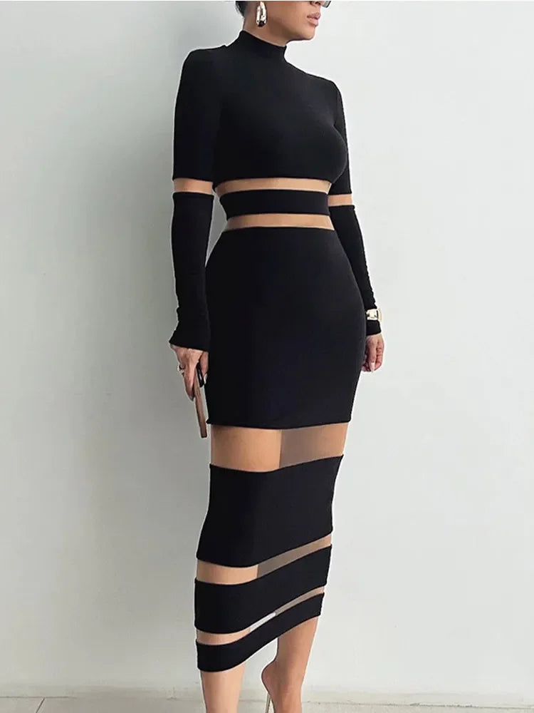 Sexy Lace Hollow Out Dress Women  Elegant Turtleneck Knitting Patchwork Dresses 2023 Autumn Evening Party Long Sleeve Vestido