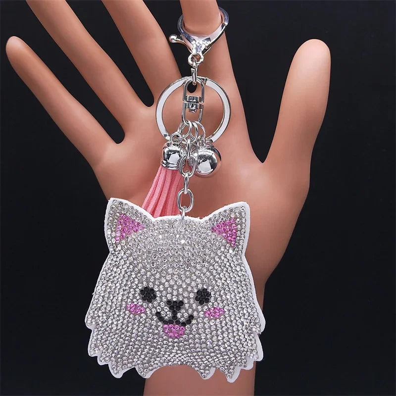 Cute Chihuahua Dog Crystal Keychain Bag Accessories for Women Gold Color Female Keyring Jewelry llaveros para mujer K7326S01