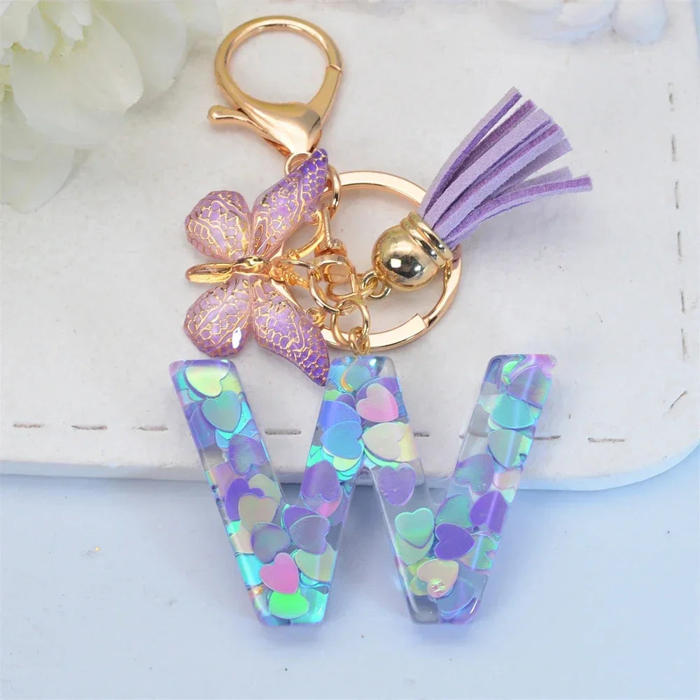 Purple Sequin Filled Name Keychain Butterfly Tassel 26 Alphabet Initials Keyrings Purse Wallet Handbag Ornament Women Girls Gift
