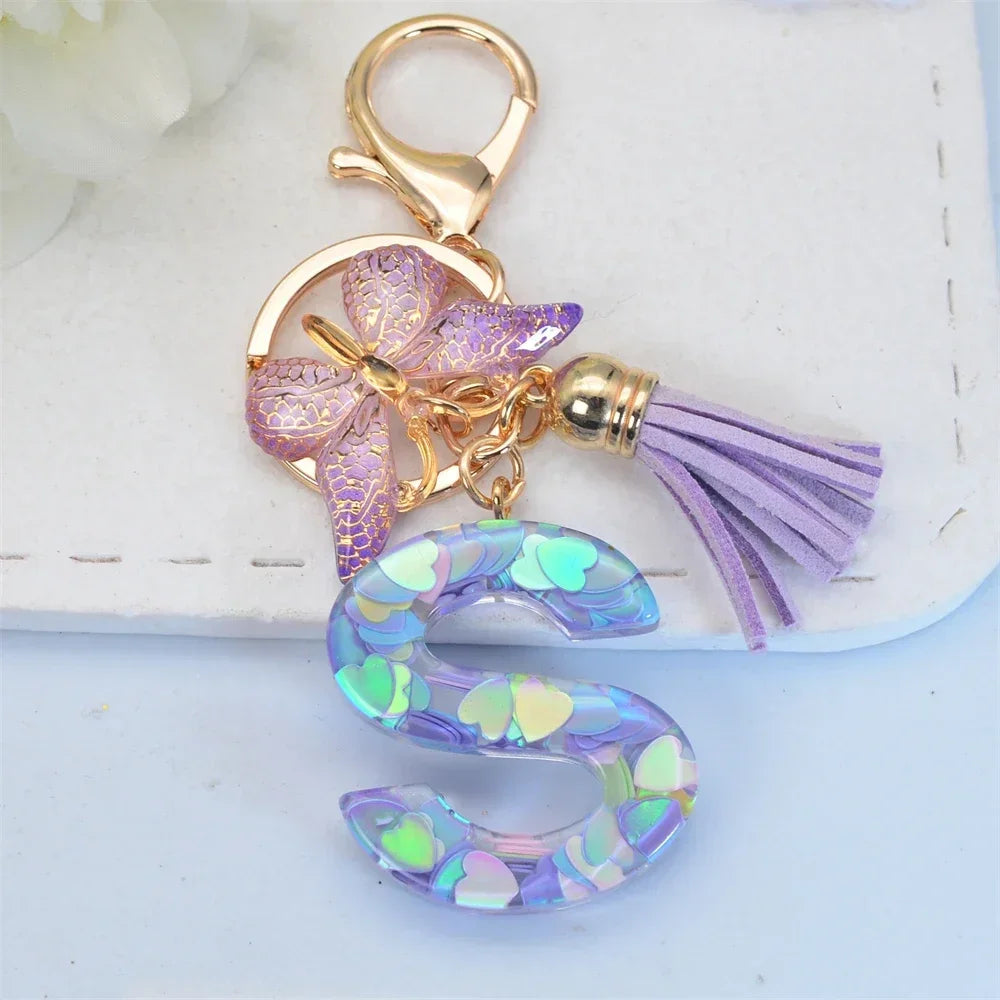 Purple Sequin Filled Name Keychain Butterfly Tassel 26 Alphabet Initials Keyrings Purse Wallet Handbag Ornament Women Girls Gift