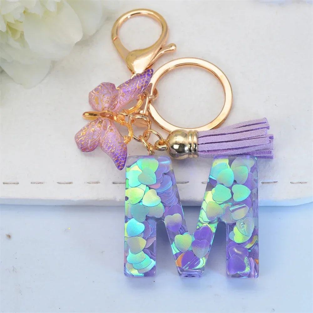 Purple Sequin Filled Name Keychain Butterfly Tassel 26 Alphabet Initials Keyrings Purse Wallet Handbag Ornament Women Girls Gift