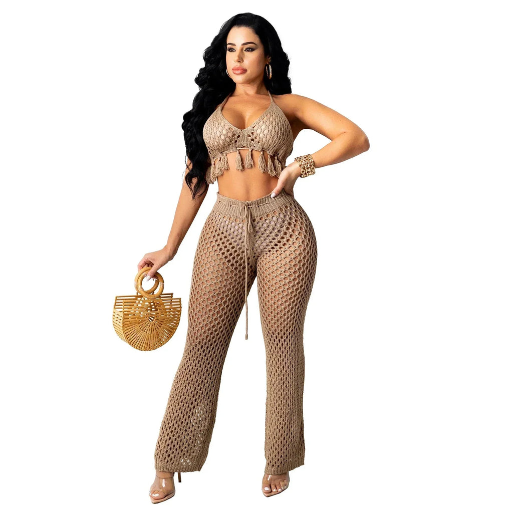 Maui Crochet Halter Crop Top & Pants Beach Set