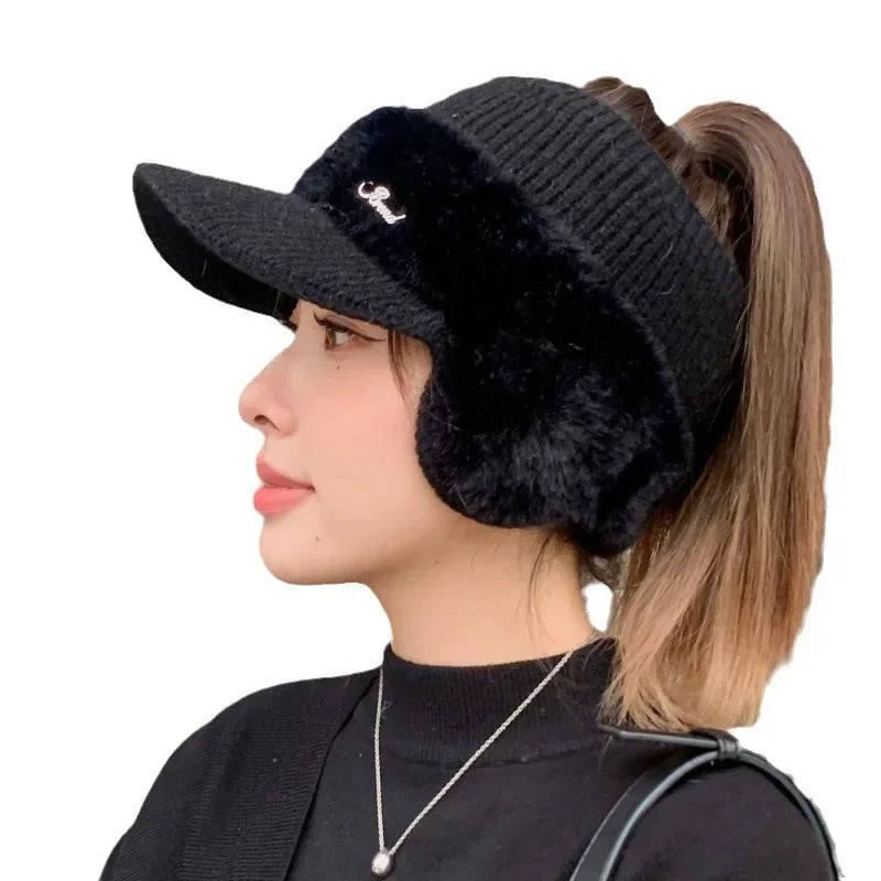 Winter Hats For Women 2023 New Fashion Winter Warm Earflaps Knitted Hat Baseball Caps Outdoor Sport Windproof Ponytail Hat Visor