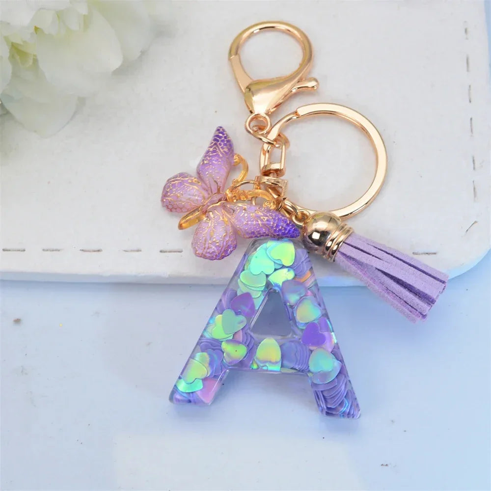 Purple Sequin Filled Name Keychain Butterfly Tassel 26 Alphabet Initials Keyrings Purse Wallet Handbag Ornament Women Girls Gift