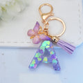 Purple Sequin Filled Name Keychain Butterfly Tassel 26 Alphabet Initials Keyrings Purse Wallet Handbag Ornament Women Girls Gift