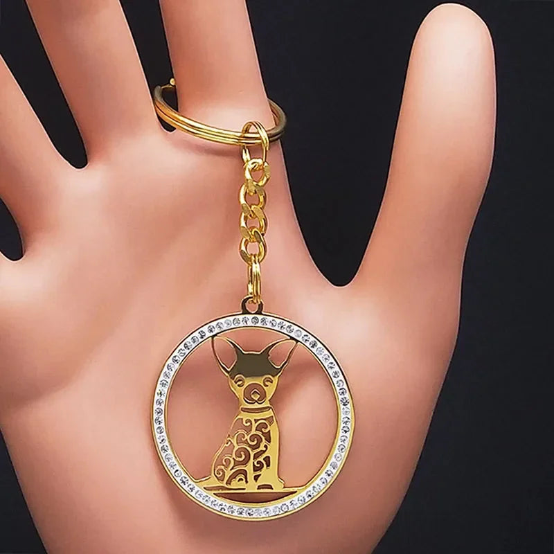 Cute Chihuahua Dog Crystal Keychain Bag Accessories for Women Gold Color Female Keyring Jewelry llaveros para mujer K7326S01