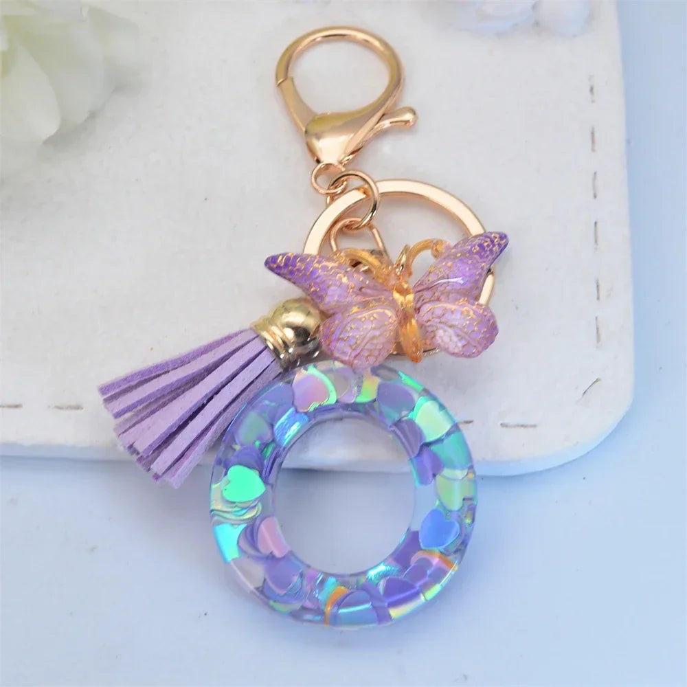 Purple Sequin Filled Name Keychain Butterfly Tassel 26 Alphabet Initials Keyrings Purse Wallet Handbag Ornament Women Girls Gift