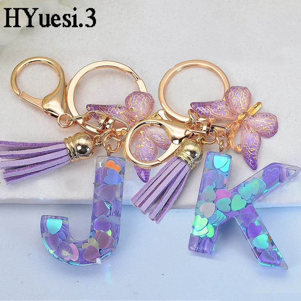 Purple Sequin Filled Name Keychain Butterfly Tassel 26 Alphabet Initials Keyrings Purse Wallet Handbag Ornament Women Girls Gift