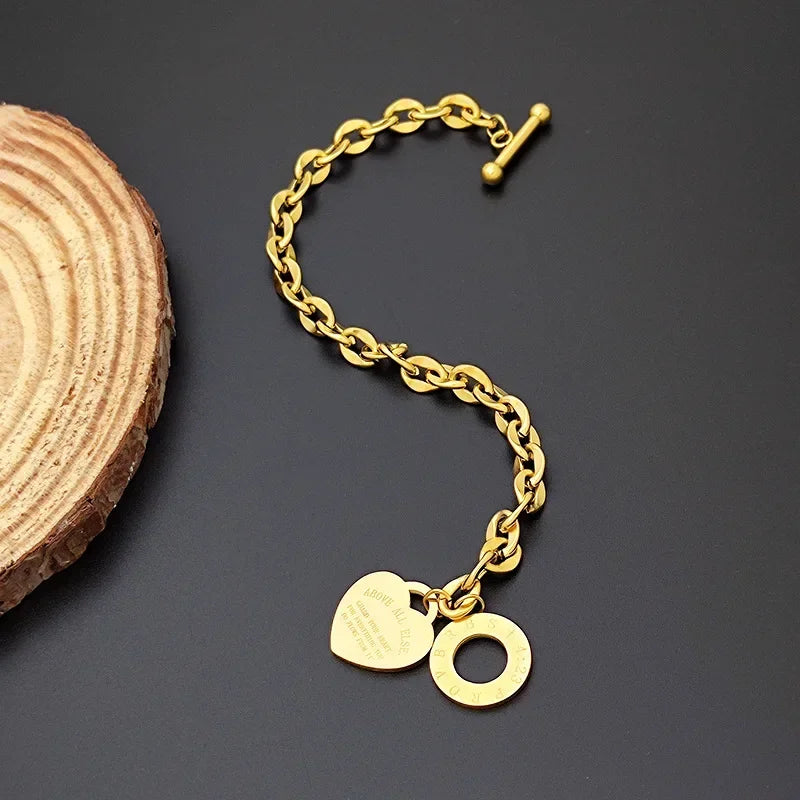 Korean Y2K Retro Stainless Steel Gold Plated Chain Heart Pendant Bracelet For Women Party Jewelry Set Beautiful Gifts
