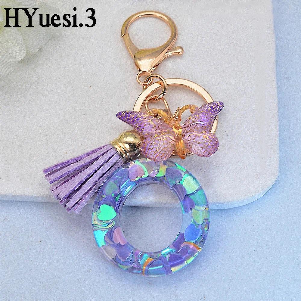 Purple Sequin Filled Name Keychain Butterfly Tassel 26 Alphabet Initials Keyrings Purse Wallet Handbag Ornament Women Girls Gift