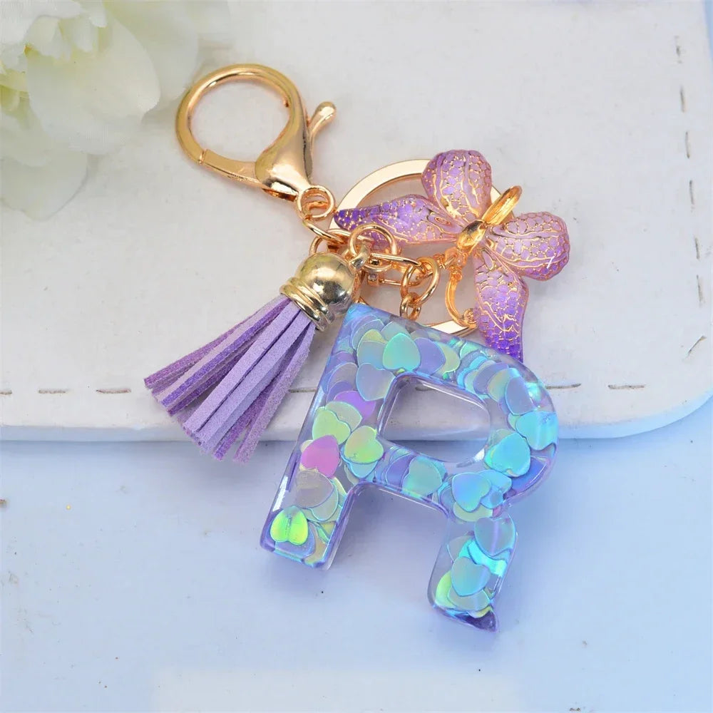 Purple Sequin Filled Name Keychain Butterfly Tassel 26 Alphabet Initials Keyrings Purse Wallet Handbag Ornament Women Girls Gift