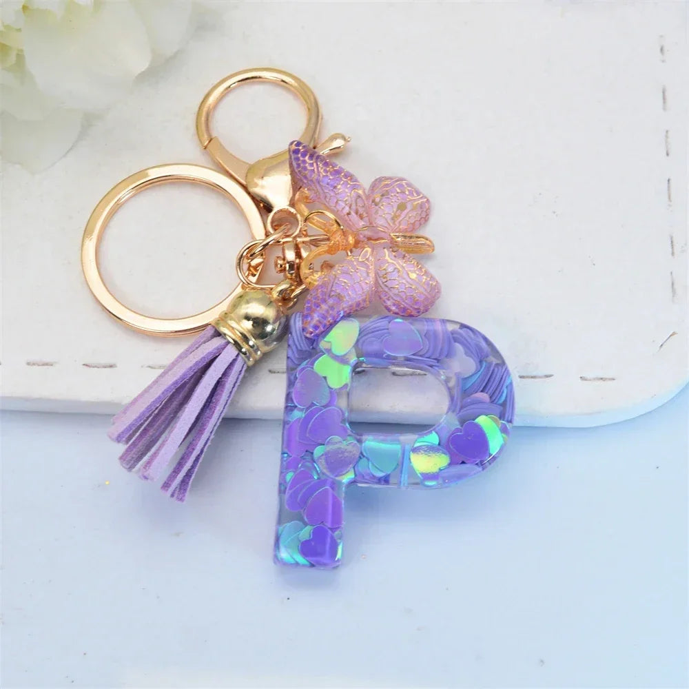 Purple Sequin Filled Name Keychain Butterfly Tassel 26 Alphabet Initials Keyrings Purse Wallet Handbag Ornament Women Girls Gift