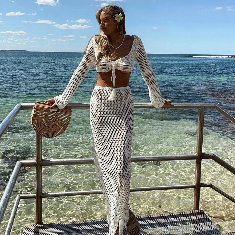 Hirigin Women Crochet Knitted Skirts Set Hollow Out Lace up Swimsuit Cover Ups 2Pcs Knitted Outfits Set Swim Beachwear