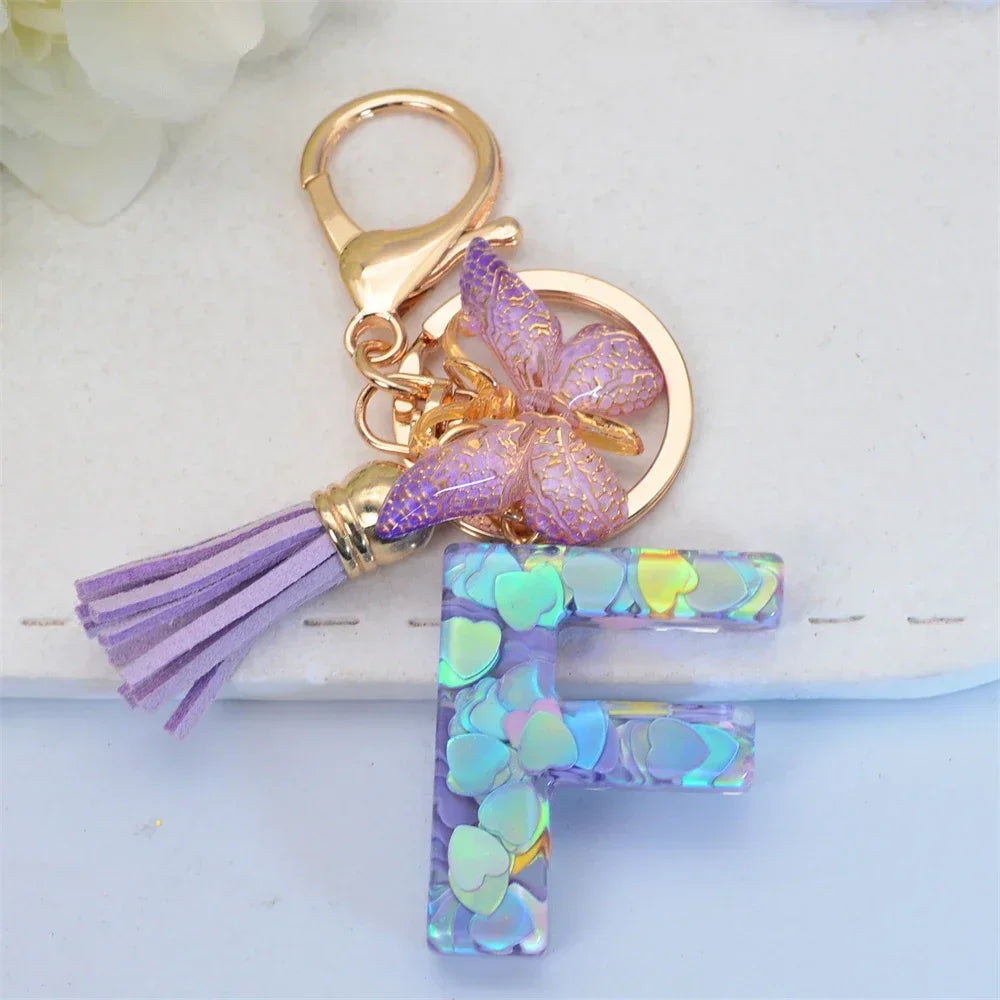 Purple Sequin Filled Name Keychain Butterfly Tassel 26 Alphabet Initials Keyrings Purse Wallet Handbag Ornament Women Girls Gift
