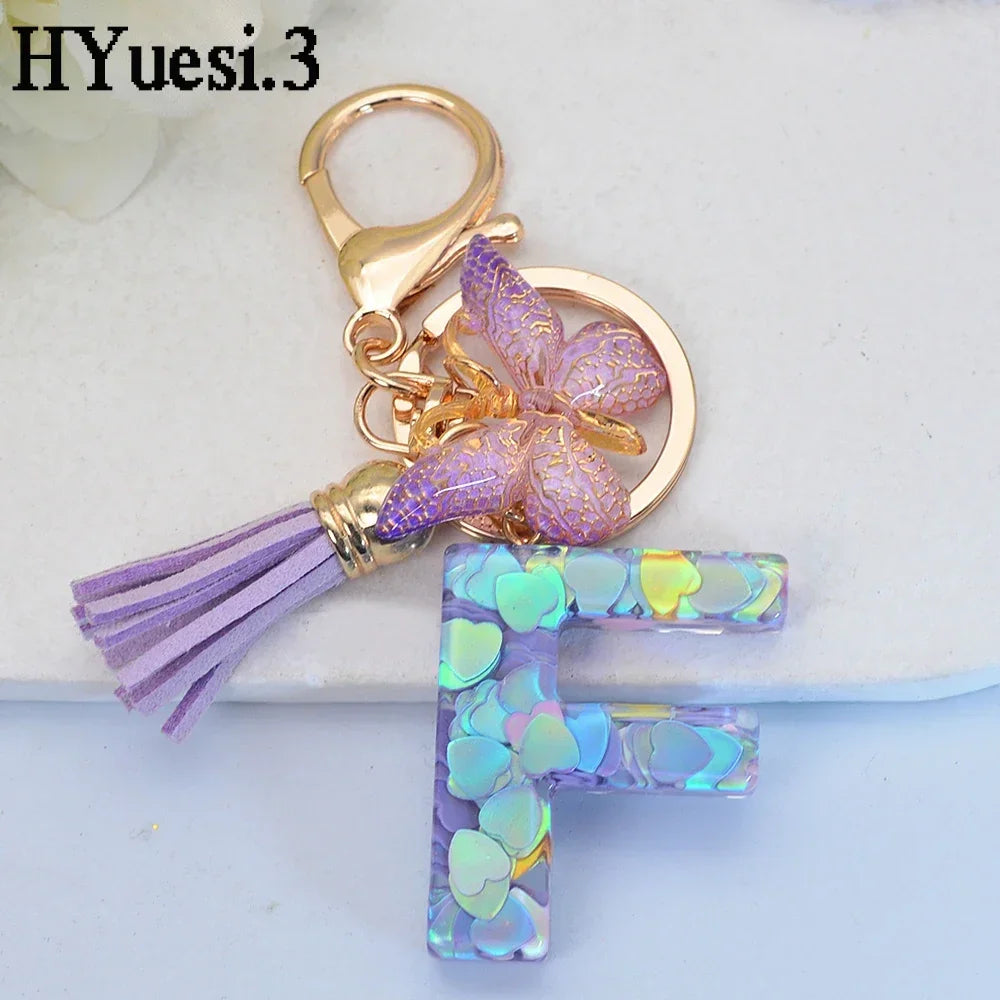 Purple Sequin Filled Name Keychain Butterfly Tassel 26 Alphabet Initials Keyrings Purse Wallet Handbag Ornament Women Girls Gift