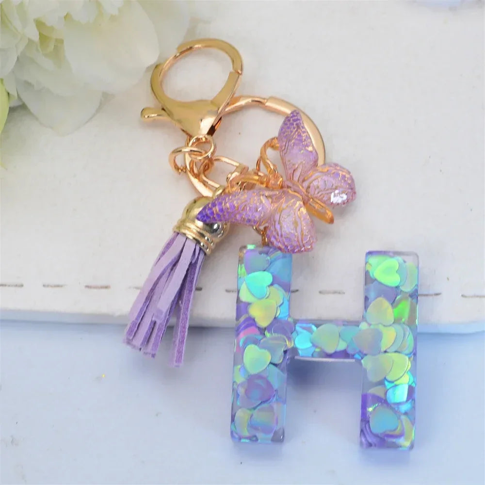 Purple Sequin Filled Name Keychain Butterfly Tassel 26 Alphabet Initials Keyrings Purse Wallet Handbag Ornament Women Girls Gift