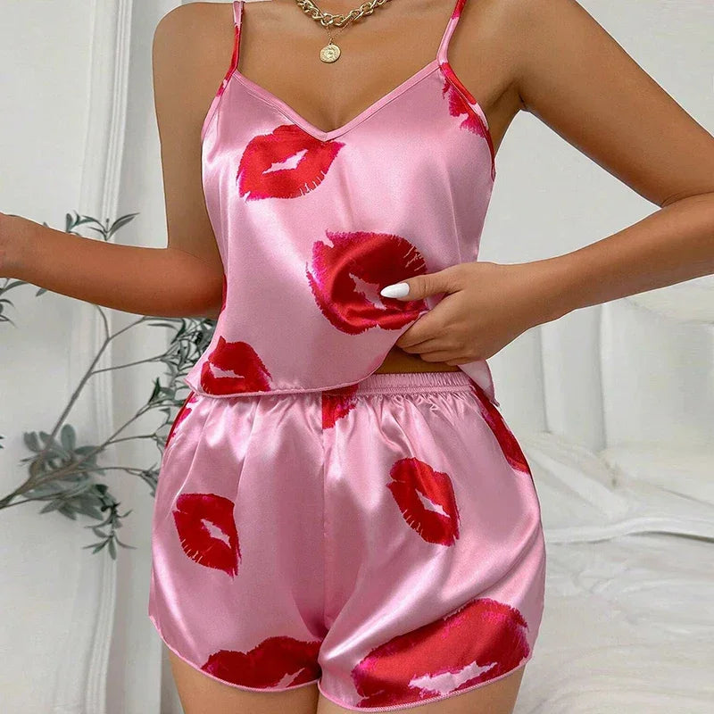 Women's Sleepwear Sexy Satin Pajama Set Cartoon Printing Pyjamas Sleeveless Cute Cami Top and Shorts