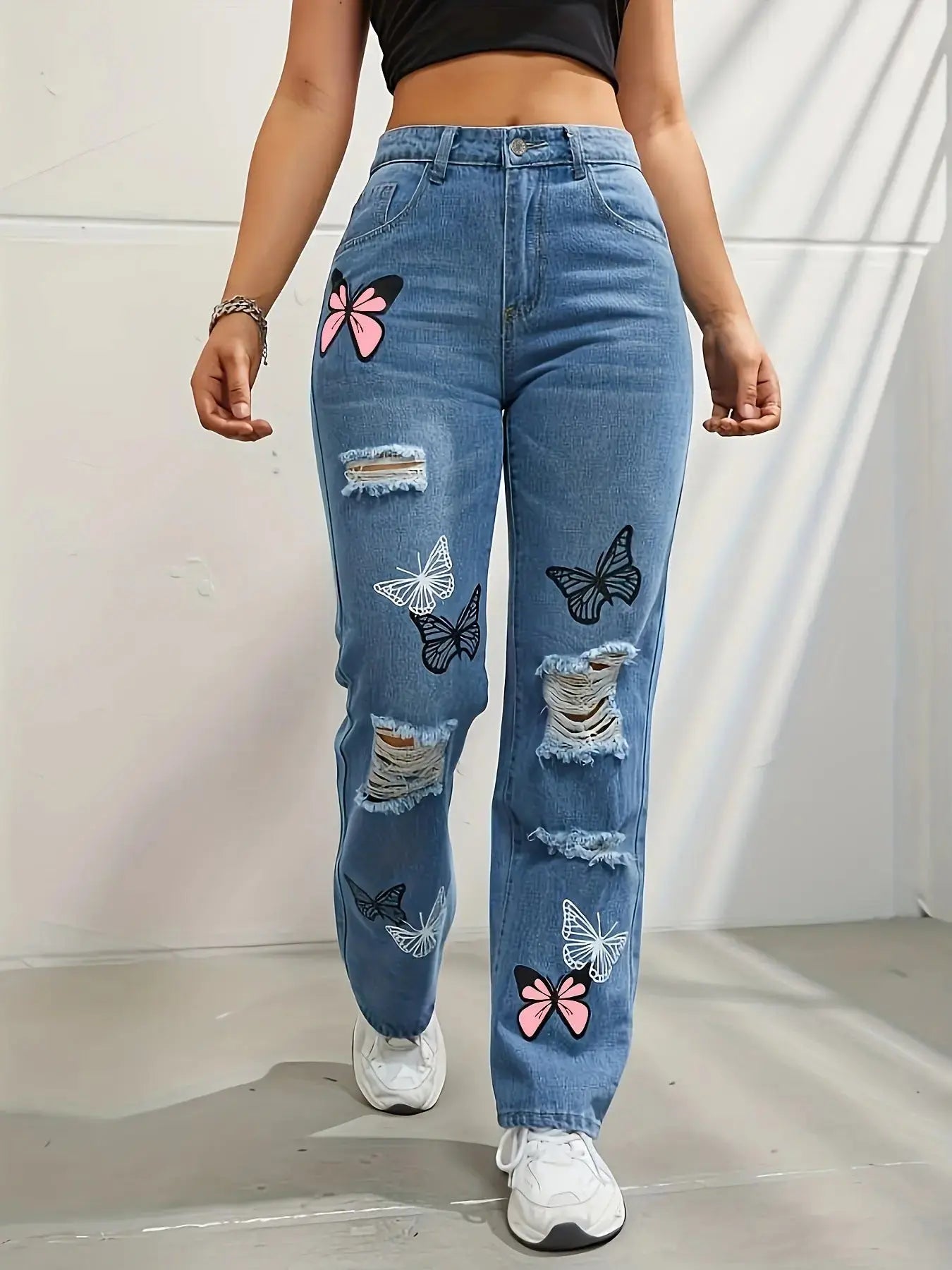 High Waist Distressed Jeans | Flairé™ Butterfly Print Denim