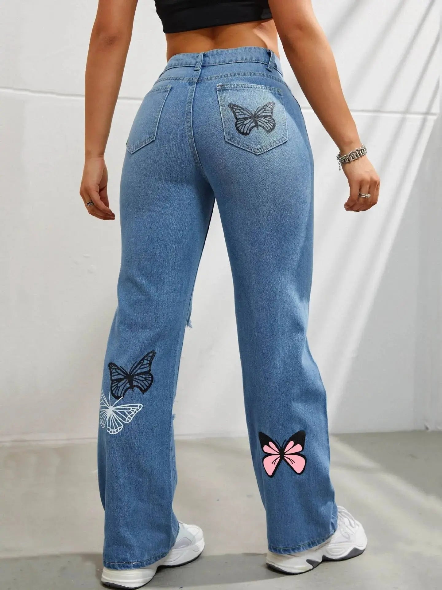 High Waist Distressed Jeans | Flairé™ Butterfly Print Denim